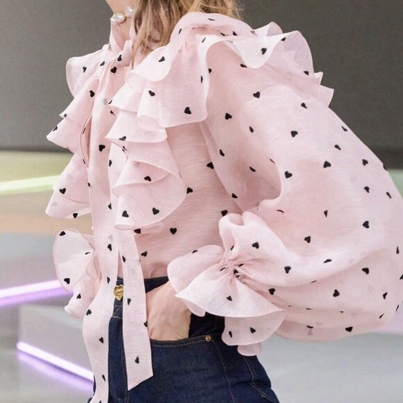 Zimmermann Crush Embroidered Frill Silk Linen Blouse Pink Hearts 💕 NWT - Picture 10 of 10